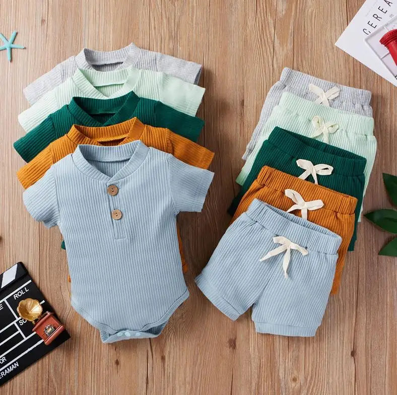 Solid Short Sleeve Button Romper+Loose Shorts 2pcs Outfits