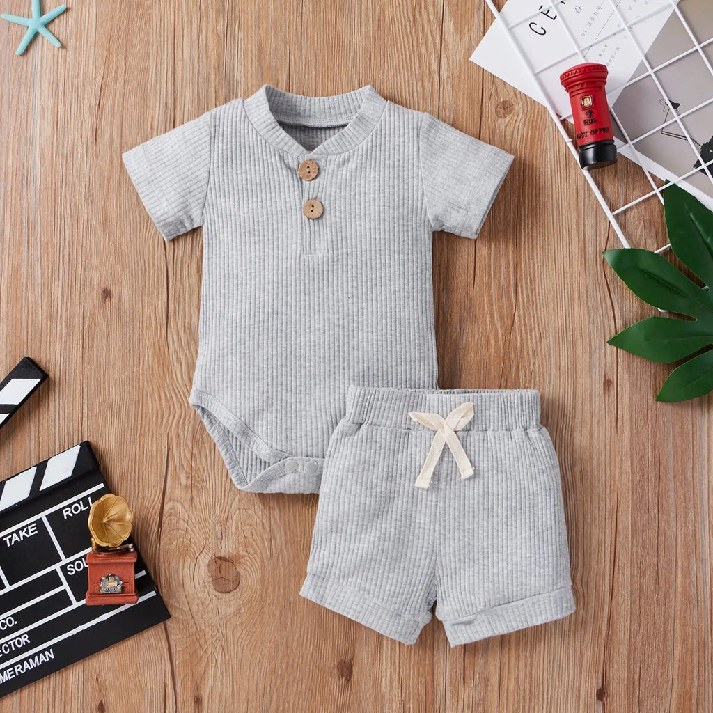 Solid Short Sleeve Button Romper+Loose Shorts 2pcs Outfits