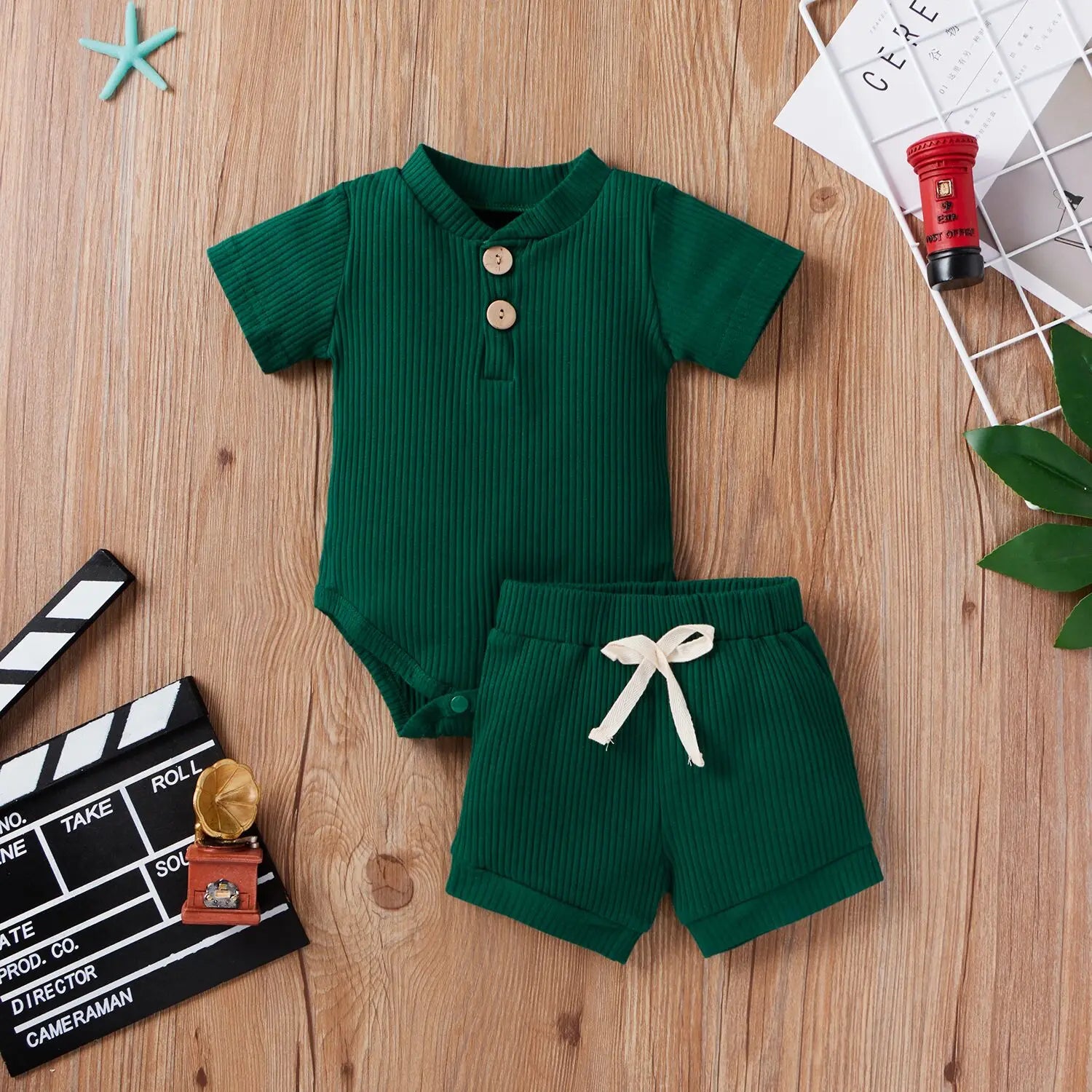 Solid Short Sleeve Button Romper+Loose Shorts 2pcs Outfits