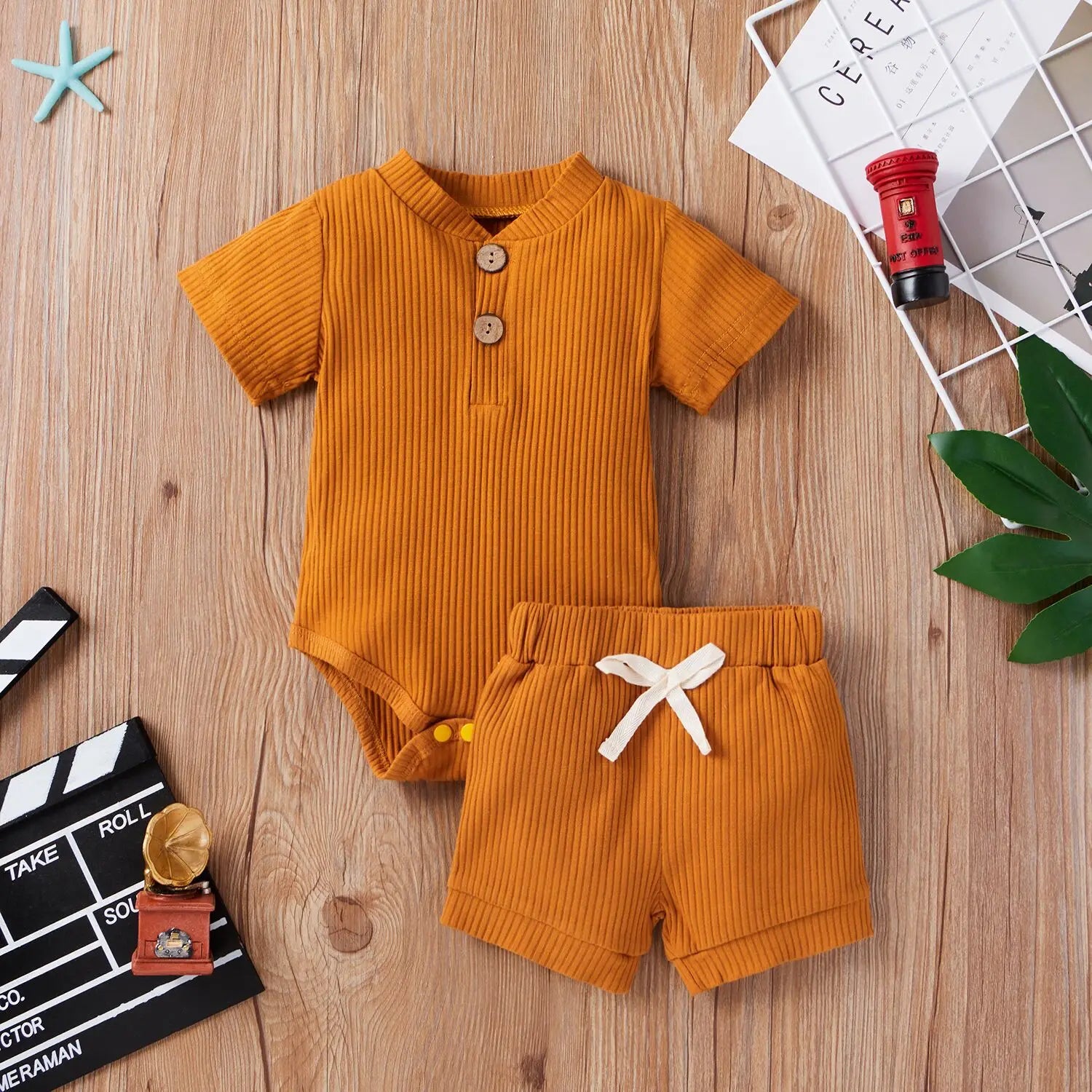 Solid Short Sleeve Button Romper+Loose Shorts 2pcs Outfits