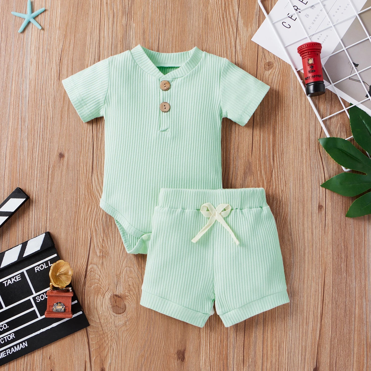 Solid Short Sleeve Button Romper+Loose Shorts 2pcs Outfits