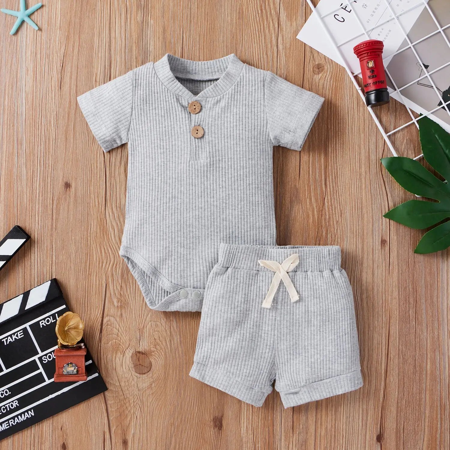 Solid Short Sleeve Button Romper+Loose Shorts 2pcs Outfits