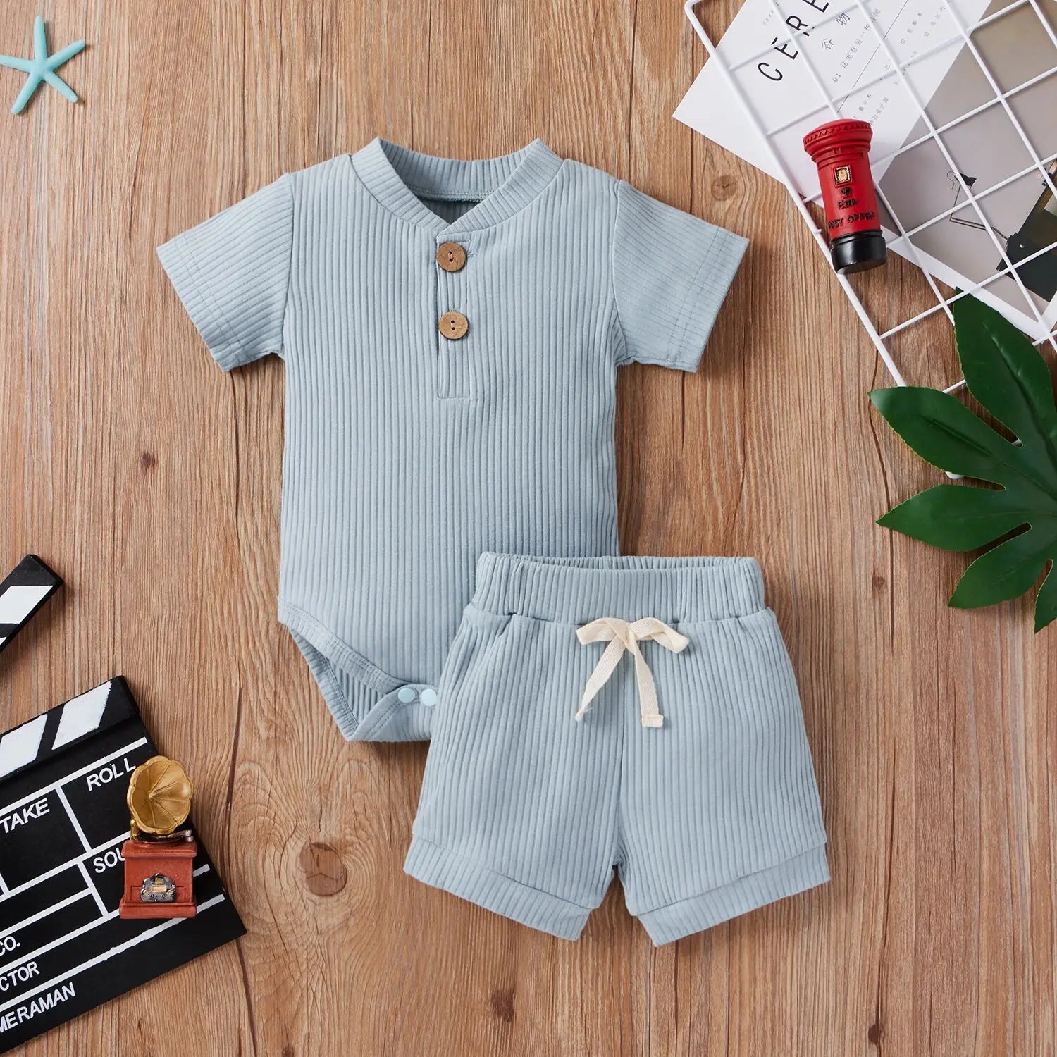 Solid Short Sleeve Button Romper+Loose Shorts 2pcs Outfits